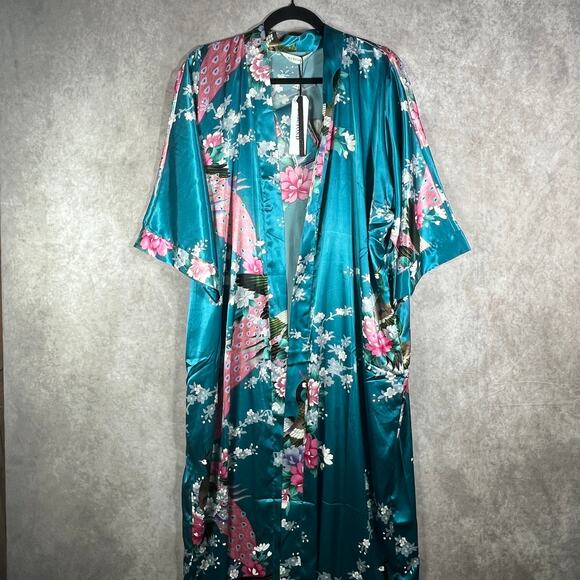 Babeyond Kimono Robe Womens L Green Floral Peacock‎ Print Satin Lightweight NEW - Picture 1 of 10